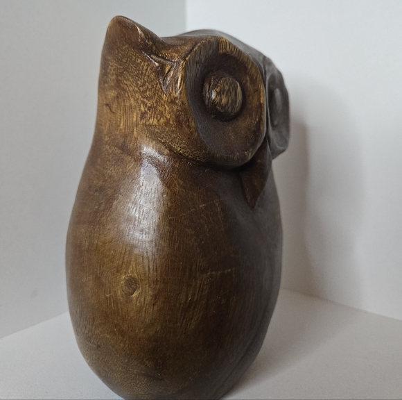 Hand-Carved Brown Wooden Owl Sculpture - Home Art Decor - Picture 2 of 7